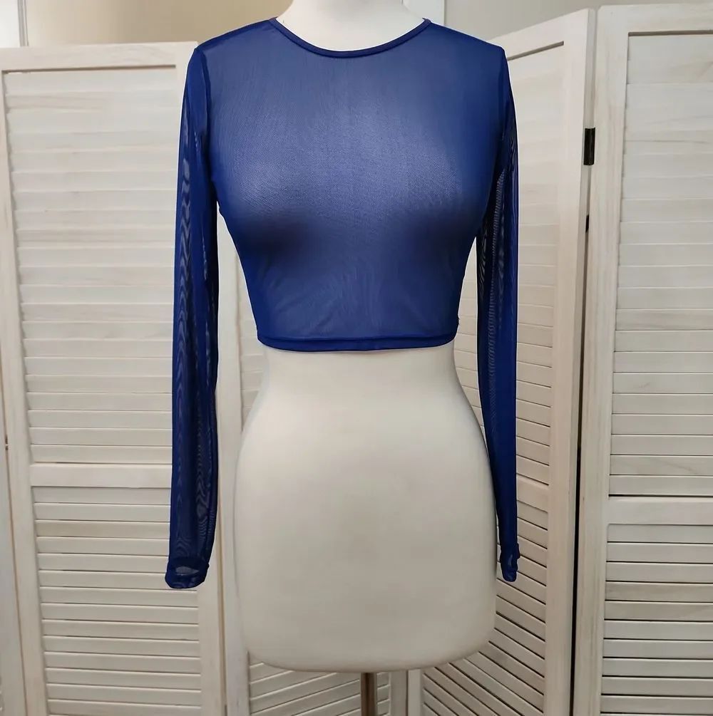 Avidlove Sheer Long-Sleeve Crop Top in Royal Blue Size M
